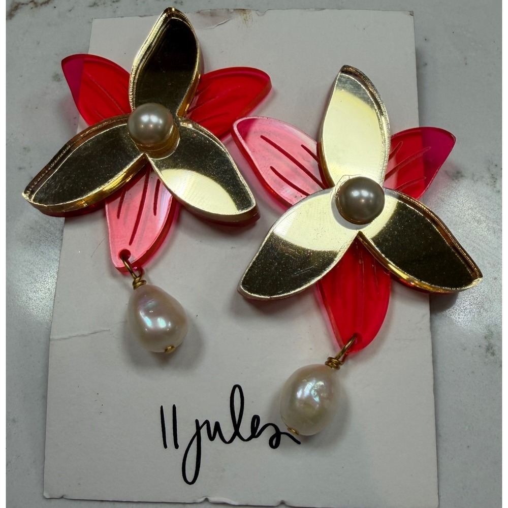 11 Jules Pink Gold Acrylic Flower Pearl Drop Statement‎ Earrings Floral Studs